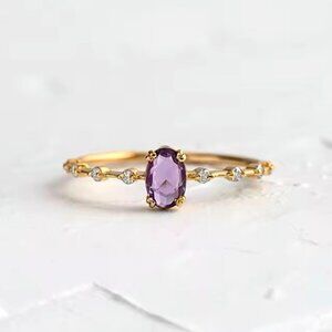 NEW Purple Stone Ring Sz 7 18K Gold Plated CZ Dainty Delicate Wedding Fairy
